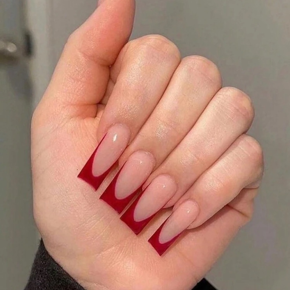 24pcs Coffin-Shaped Nail Tips, Red French Simple Style, With 1pc Nail File